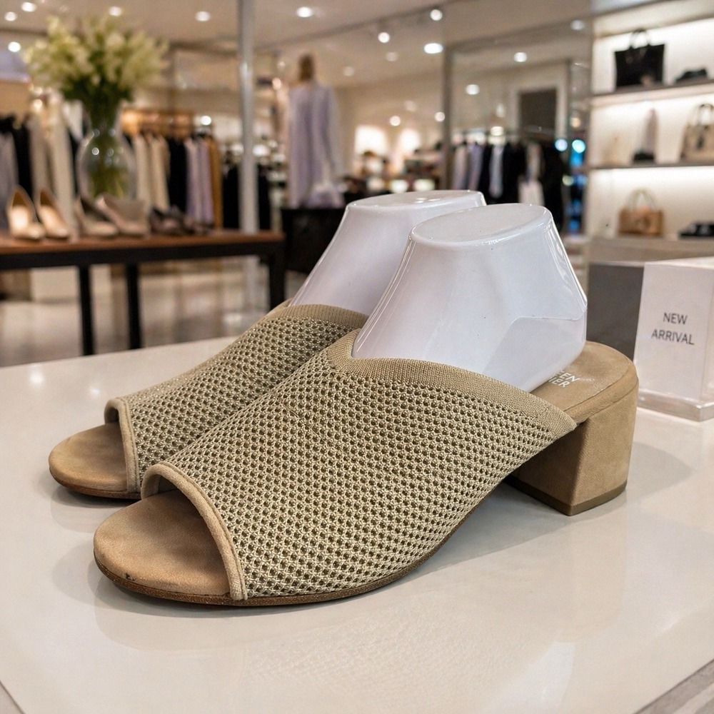 Eileen Fisher Fave Block Heel Slide Sandal Stretch Knit Shimmer Gold Tan 11